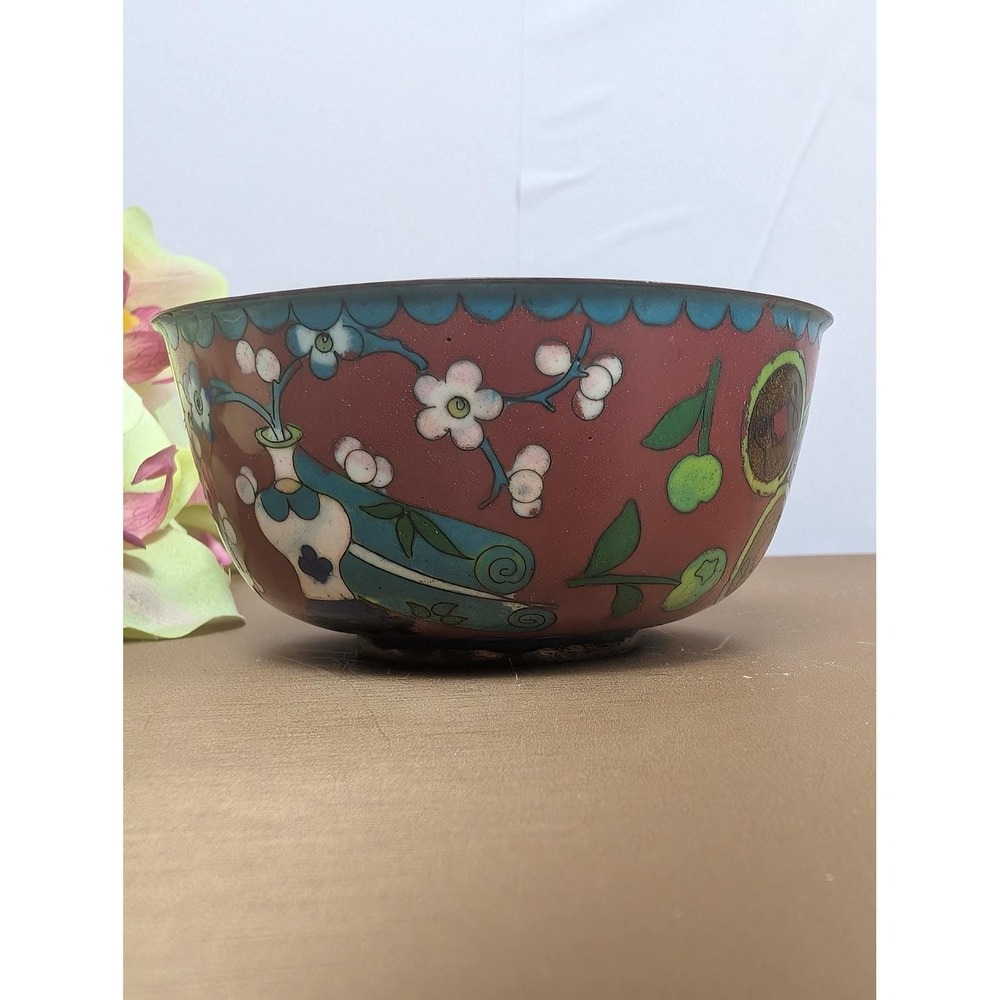 Vintage Cloisonne‎ Enamel Bowl Floral Design Red Blue Trinket Dish - Picture 3 of 6